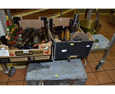TWO BOXES AND LOOSE VINTAGE TOOLS, METALWARES, etc, to include ammunition trunk, brass jam pan, tools, assorted woodworking c