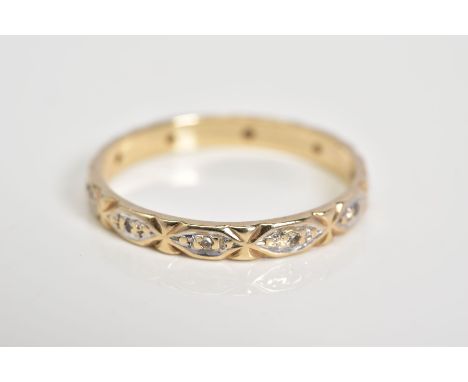 A 9CT GOLD DIAMOND FULL ETERNITY RING, the detailed band set with single cut diamonds, 9ct hallmark unclear, ring size O, app