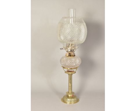 A LATE 19TH/EARLY 20TH CENTURY JINKS NO 2 DUPLEX OIL LAMP, with chimney, hob nail cut spherical glass shade, similar reservoi