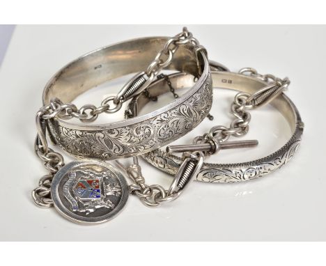 TWO SILVER BANGLES AND A SILVER ALBERT CHAIN, the first hinged bangle of an engraved floral design and silver hallmark for Bi