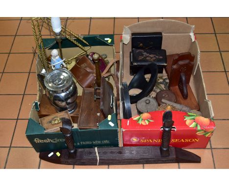 TWO BOXES OF SUNDRY ITEMS, to include lacquered tea caddy (sd) and a box, pair of wooden book ends, cased optics, six various