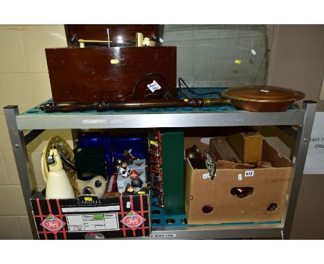 TWO BOXES AND LOOSE CERAMICS, METALWARES, etc, to include a Pye  Monarch 3 speed Auto changer record player, four boxed Molen