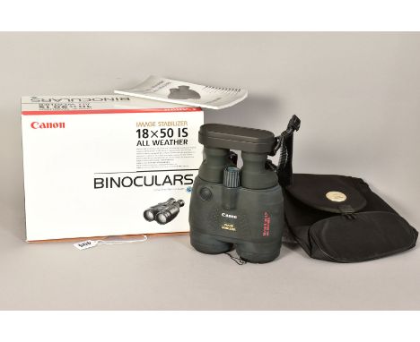 A BOXED PAIR OF CANON IMAGE STABILIZER 18 X 50 BINOCULARS, with soft case, manual and strap&nbsp; Condition Report&nbsp; Opti