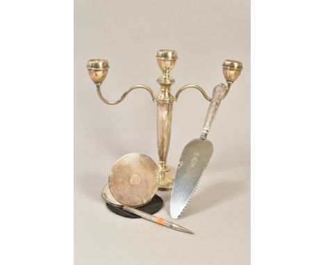 AN ELIZABETH II SILVER THREE LIGHT CANDELABRUM, circular holders, conical pedestal, loaded foot, Birmingham 1966, together wi