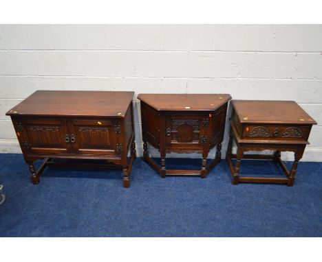 AN OLD CHARM OAK CANTED SINGLE DOOR CUPBOARD, width 82cm x depth 33cm x height 71cm together with a matching lamp table with 