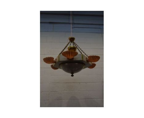 A SET OF THREE ART DECO THEATRE FOYER CHANDELIERS, of a hexagonal form, with six peach resin shell shaped shades, and a centr