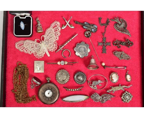 A SELECTION OF SILVER BROOCHES PENDANTS, coin brooches, fobs, etc, including a lace needlework butterfly, a silver and pale b
