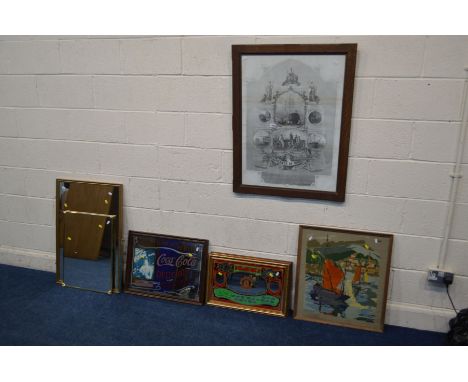 AN OAK FRAMED LITHOGRAPH PRINT, 70cm x 90cm together with a modern Coco Cola advertising mirror, two Manchester United Honour