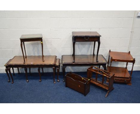 A MODERN MAHOGANY BROWN LEATHER TOPPED COFFEE/NEST OF THREE TABLES, together with another mahogany coffee table, two lamp tab