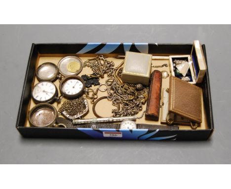 A box of miscellaneous items, to include a Victorian mother of pearl thimble case, leather cheroot holder case, silver pocket