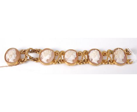 A gilt metal and cameo set bracelet, each cameo carved with profile portrait of a maiden, 15cm