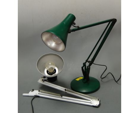 A green painted anglepoise style desk lamp; together with one other cream painted example (2)