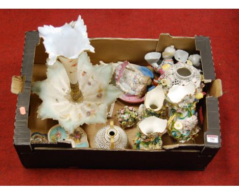 Two boxes of miscellaneous china and glassware, to include Victorian pink tinted glass oil lamp, various Victorian and later 