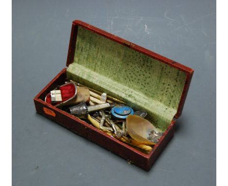 A box of miscellaneous items, to include 19th century fruit knife having a folding silver blade and mother of pearl handles, 