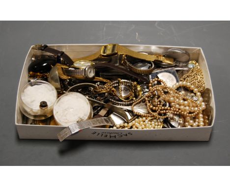 A box of miscellaneous items to include various gents wristwatches, faux pearl choker, commemorative crowns, pair of pepperet