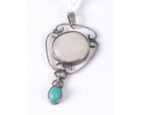 An Arts &amp; Crafts style blister pearl and turquoise pendant, dia. approx 16mm, collet mounted with closed back, with oval 