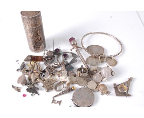 A box of assorted principally silver costume jewellery, to include bangles, masonic pendant, amethyst set brooches, silver cy