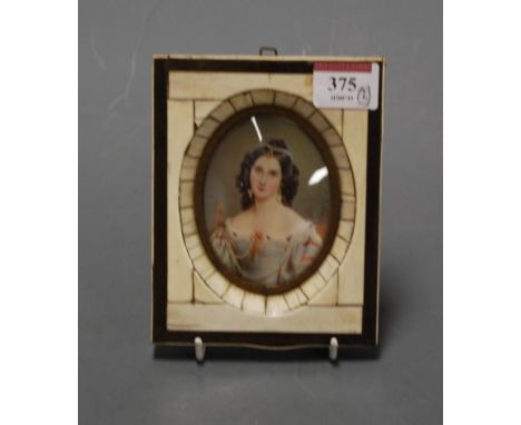 After Leon Victor Dupre (1816-1879) - Three-quarter length portrait miniature of a lady, watercolour on ivory, signed middle 