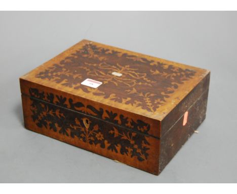 A Victorian rosewood, amboyna and mother of pearl inlaid work box, the hinged lid revealing silk-lined fitted interior, w.28c