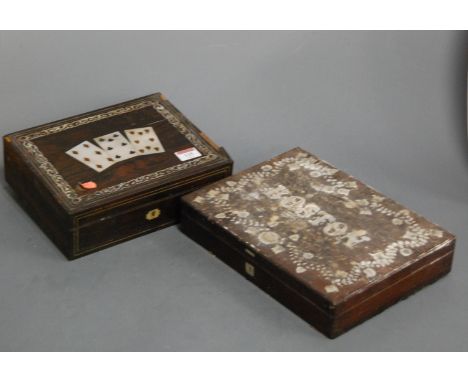 A Victorian rosewood and mother of pearl inlaid games box, having lined interior, w.26cm; together with a Victorian mother of