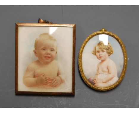 Early 20th century English school - Miniature portrait of a child, watercolour on ivory(?), 7 x 5.5cm; together with one othe