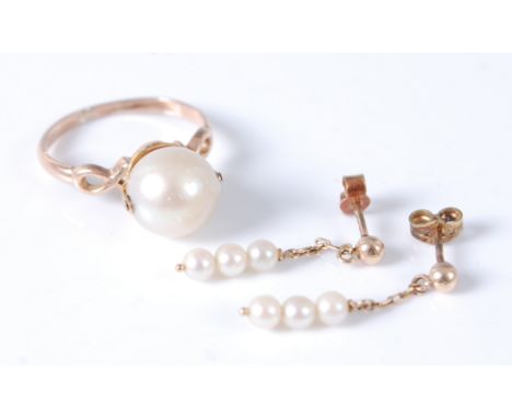 A 9ct gold cultured pearl ring, size J; together with a pair of cultured pearl drop earrings (2)