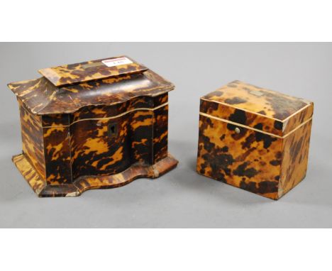 A Victorian blond tortoiseshell and ivory mounted tea caddy of Serpentine form, the hinged lid revealing twin compartment int