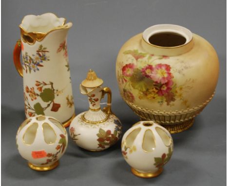 A Royal Worcester blushware pot pourri vase (lacking cover) shape No. 1286, together with four pieces of Royal Worcester ivor