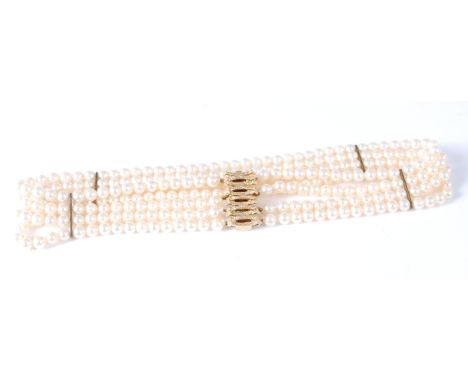 A modern cultured pearl four-string choker, having 14ct gold clasp, 32cm, clasp weight approx 6g