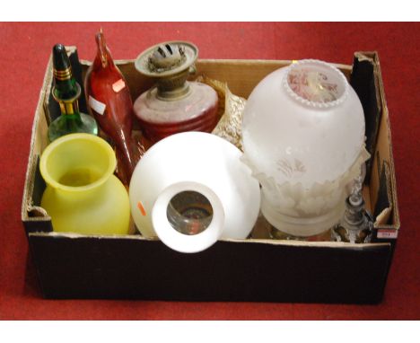 A box of miscellaneous mainly glassware, to include various oil lamp shades, liqueur decanter and stopper etc
