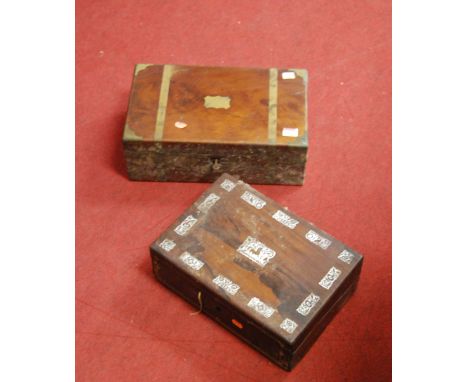 A Victorian walnut and brass bound writing slope, having fitted interior, w.41cm; together with a Victorian rosewood and moth