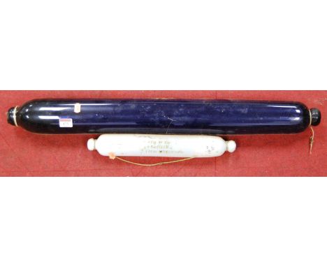 A large early 19th century Bristol Blue glass rolling pin having remains of a transfer printed decoration, length 78cm; toget