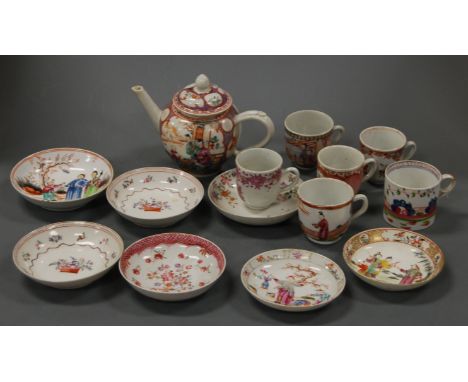 Assorted Chinese Famille Rose tea and coffee wares to include bullet shaped teapot and cover, cups, saucers etc (some a/f)