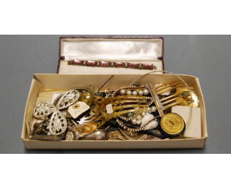 A Victorian pinchbeck pin cushion; together with various costume jewellery, paste set hair comb, bangles and bracelets etc