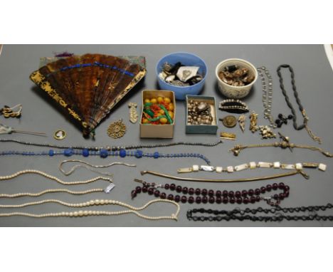 A box of miscellaneous to include a Continental silver and amethyst set thimble (two stones missing), a white metal and ameth