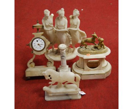 A 19th century alabaster mantel clock case, surmounted by a gilt metal child and dog; together with a carved alabaster figure