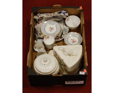 A box of miscellaneous china, to include Victorian stilton dish and cover, Royal Crown Staffordshire part tea service etc