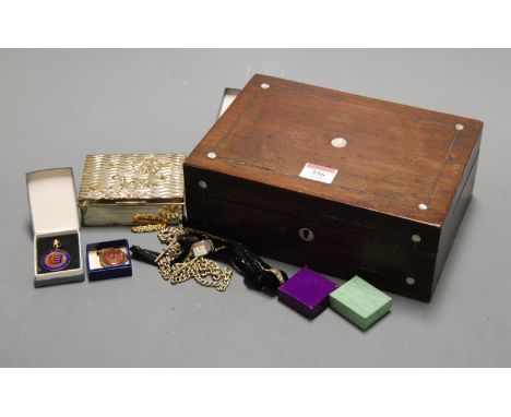 A Victorian rosewood and mother of pearl inlaid unfitted box and contents to include silver plated curb link Albert chain wit