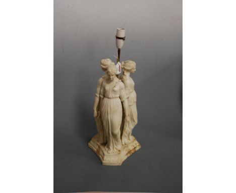 A Victorian parian table lamp base in the form of The Three Graces in standing pose on a triangular base, height 55cm