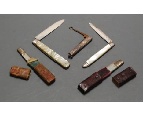 A 19th century fruit knife, having folding silver blade and mother of pearl handle; together with four other pocket knives an