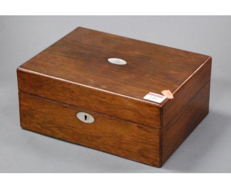 A Victorian rosewood and mother of pearl inlaid needlework box, width 28cm