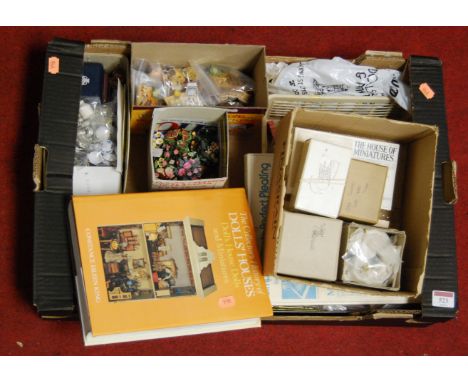 A box of assorted miniature dolls house furniture and accessories, to include The House of Miniatures Chippendale looking gla