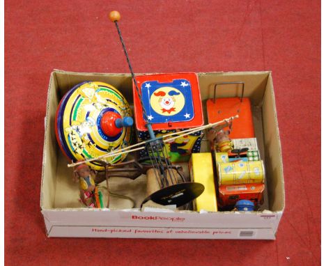 Assorted toys, to include Chad Valley Humming Top, clockwork station platform wagon, pecking hens, modern Jack-in-the-Box, sw