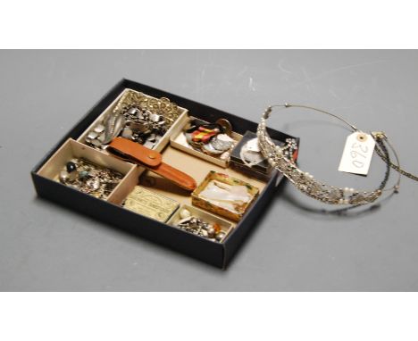 A box of miscellaneous items, to include curblink chains, loose pins, filigree bracelets, tiaras, mother of pearl counters, c