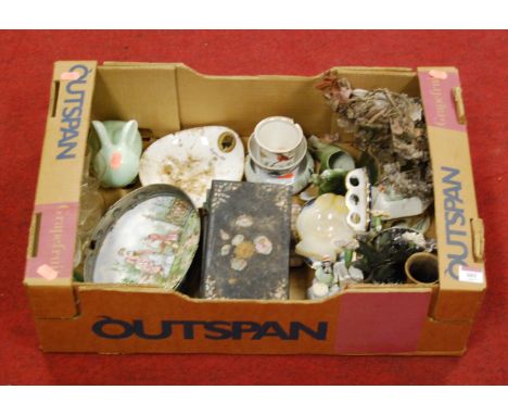 A box of miscellaneous items, to include Victorian papier-mache and mother of pearl inlaid tea caddy, transfer printed porcel