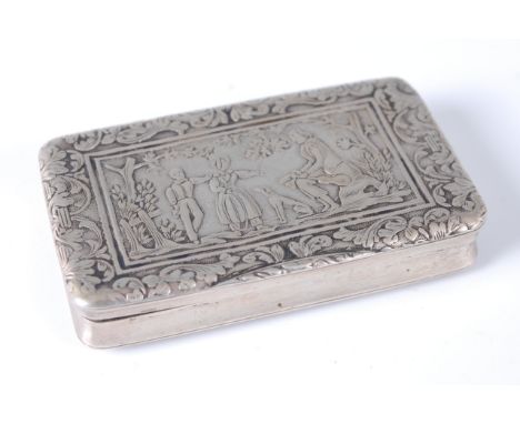 A 19th century continental white metal snuff box, the hinged cover decorated with figure landscape scene within a border, ope
