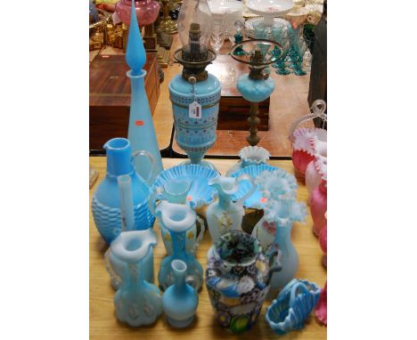 A Victorian blue glass pedestal oil lamp of conical form having applied beaded decoration on socle base with Hincks' Duplex b