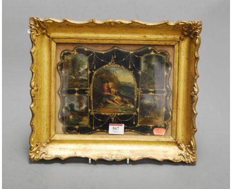 A Victorian mother of pearl panel, the central reserve painted with a boy with two dogs, with further landscape panels, house