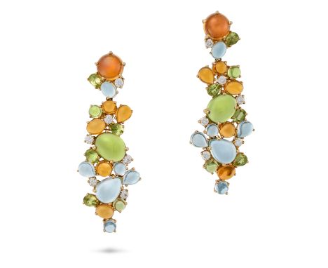 ROBERTO COIN, A PAIR OF MULTIGEM DROP EARRINGS each set with a cluster of cabochon citrine, blue topaz, pear cut peridot and 