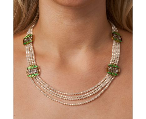 AN ART NOUVEAU NATURAL PEARL, DIAMOND AND ENAMEL NECKLACE in yellow gold, comprising four rows of pearls, accented by foliate